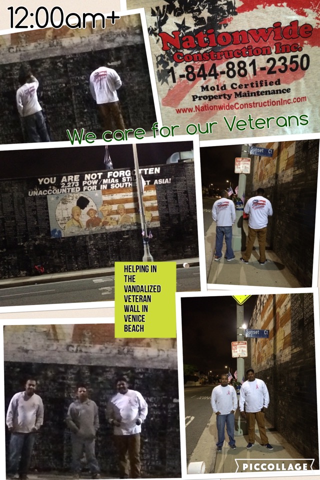 Nationwide Construction crew at the graffiti cleanup at the Veteran's Wall in Venice Beach, CA